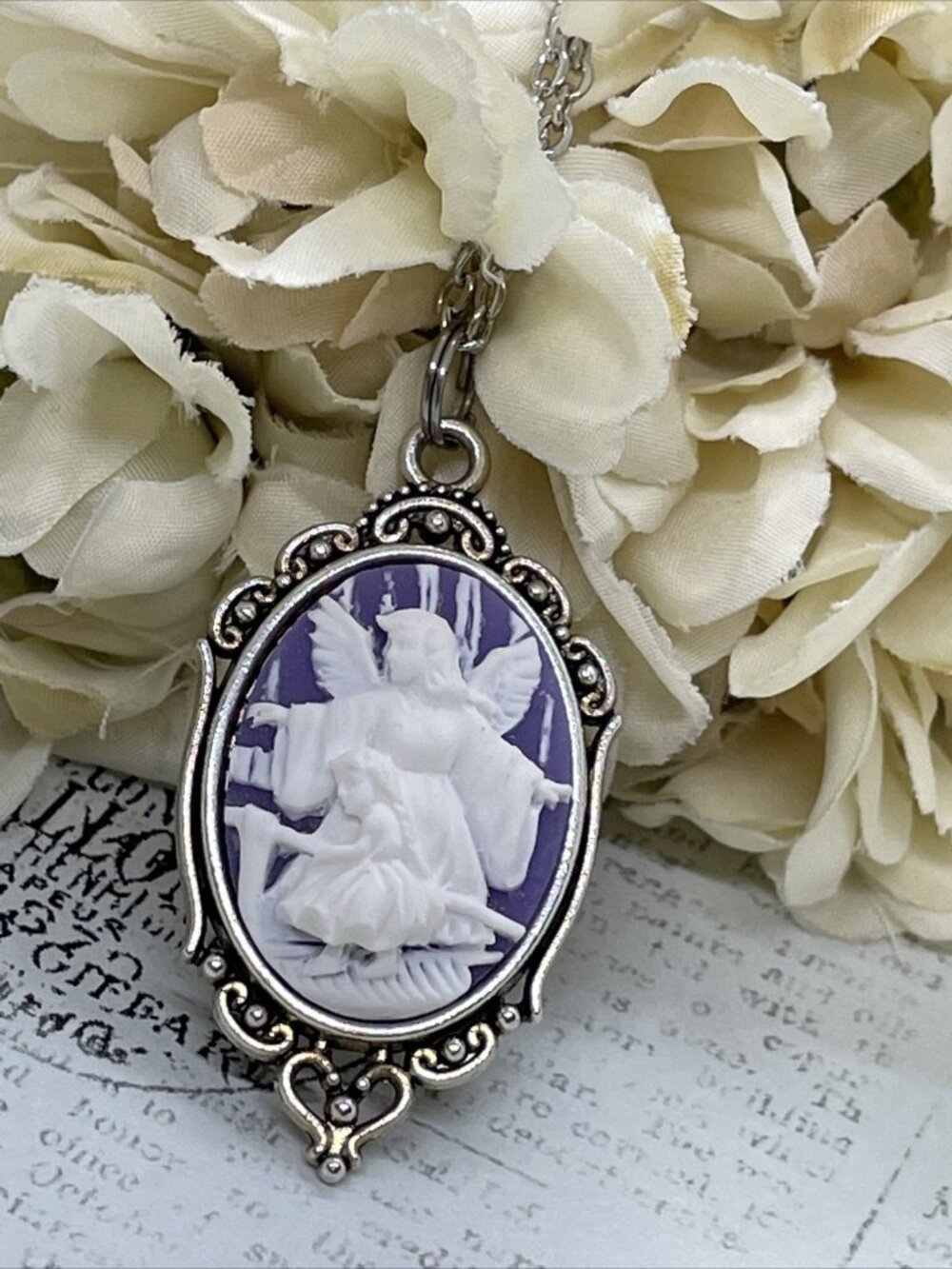 Baptism Christian new Guardian ANGEL Perilous Bridge Wife silvertone Cameo Neck